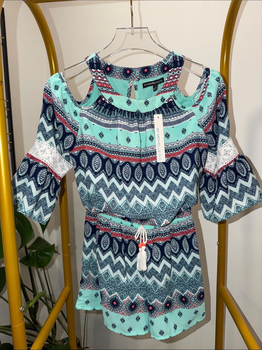My Michelle Aqua Navy Pink Patterned Cold-Shoulder Romper